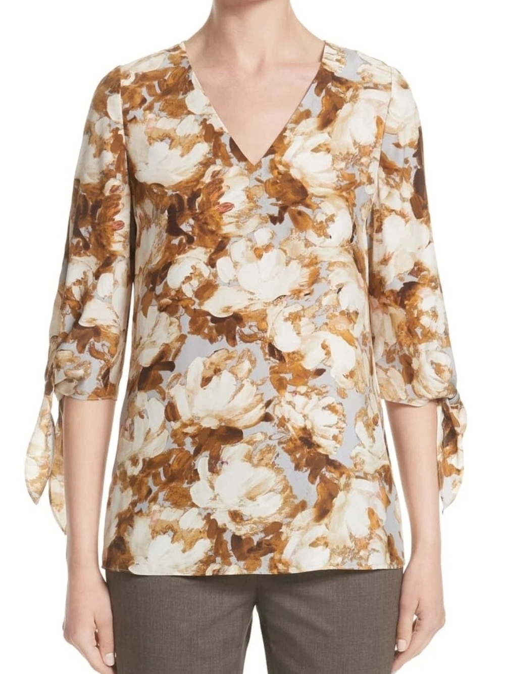 Lafayette 148 New York Kenna Silk Painterly Floral Blouse XL Tie Cuff VNeck Luxe